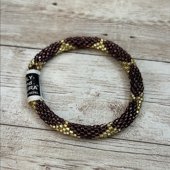 Lily & Laura Nepal Glass Handmade Roll On Gold and Brown Beaded Bracelet - Picture 2 of 6